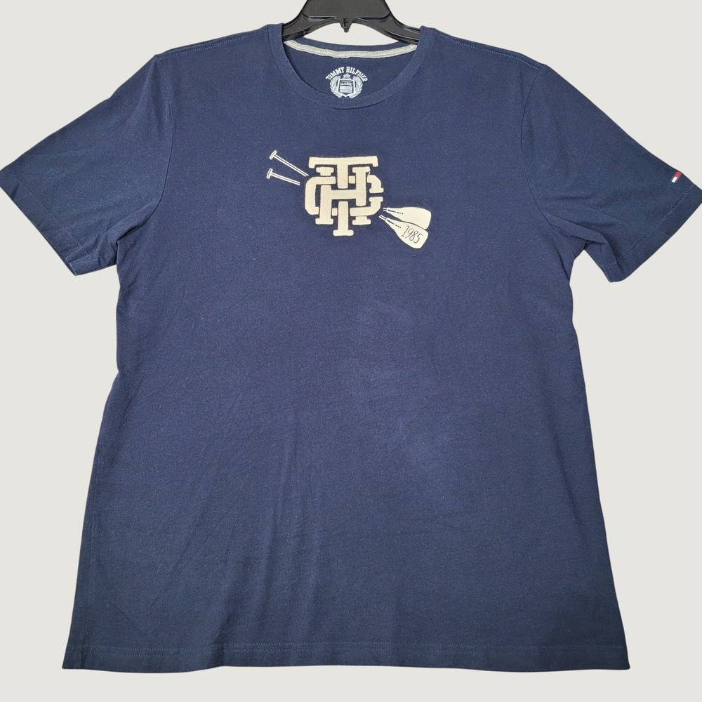 Tommy Hilfiger Mens Navy Blue TH Monogram Graphic T-Shirt Large Crew Neck